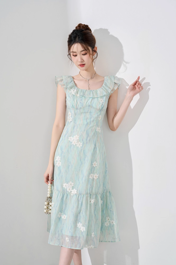 Temperament dress new summer French waist high-end mid-length niche design printed skirt R4262