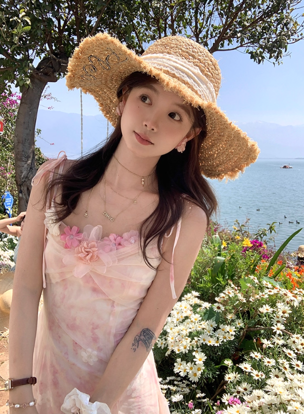 Pink long atmospheric mesh halter dress for women, a summer French retro slimming dress R4788