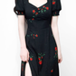 2025 Summer New French Retro Square Neck Black Floral Puff Sleeve Dress R0908