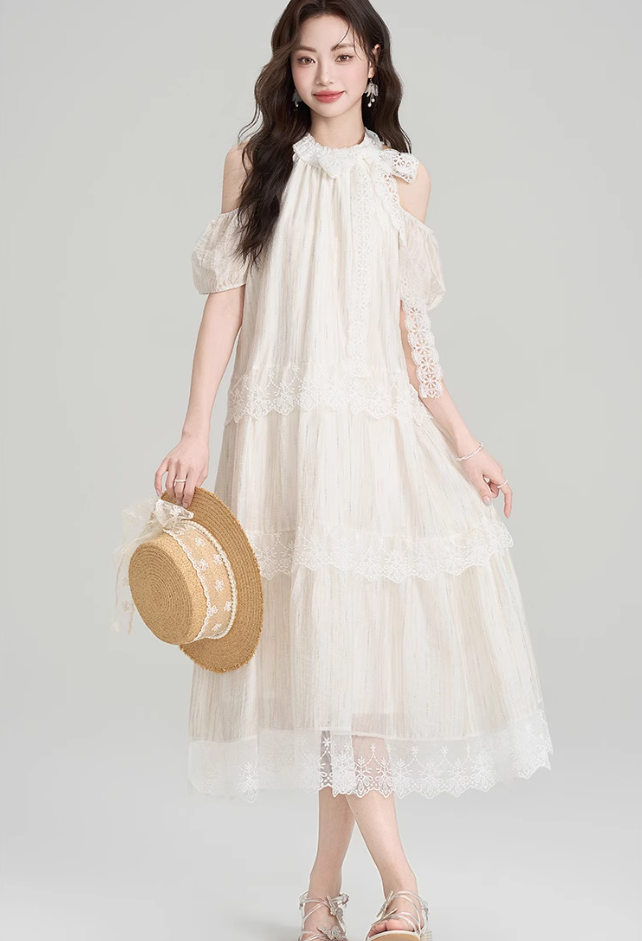 French design lace halter dress holiday style beautiful off-shoulder long dress R2399