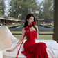 Red suspender dress high-grade irregular chiffon red rose ruffle seaside holiday dress R1470