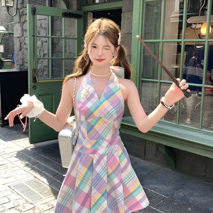 Colorful halter neck slim waist A-line short skirt R3246