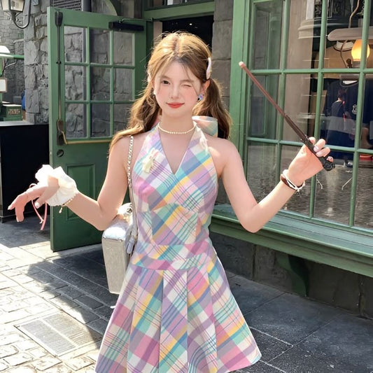 Colorful halter neck slim waist A-line short skirt R3246