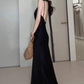 Large French pure V-neck backless black suspender skirt high-grade satin long skirt R1863