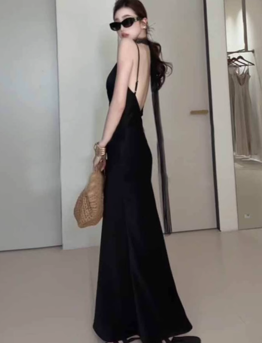 Large French pure V-neck backless black suspender skirt high-grade satin long skirt R1863