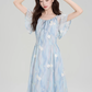 French blue beautiful floral dress new style holiday style waist temperament long skirt R2398