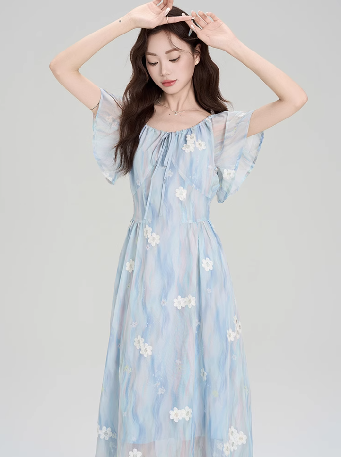 French blue beautiful floral dress new style holiday style waist temperament long skirt R2398