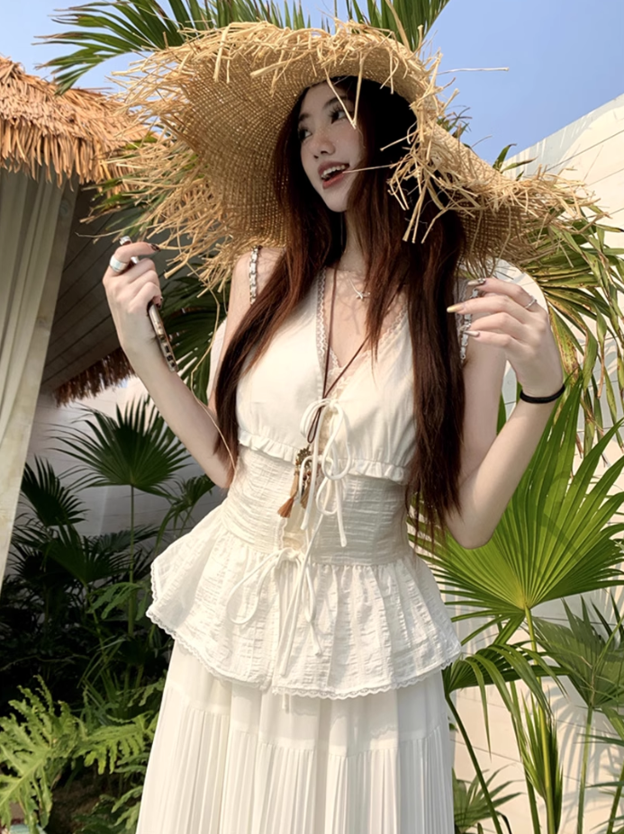 Fairy's complete outfit: strappy v-neck lace vest skirt two-piece set R1738