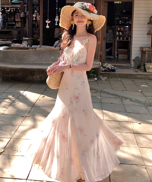 Pink long printed waist fishtail suspender dress for women summer French style slim temperament skirt R4821