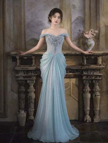 Gentle Mermaid Chiffon Corset Prom Gown , Blue Women's Maxi Evening Dress Ball Gown RS2608