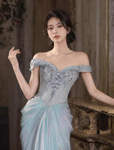 Gentle Mermaid Chiffon Corset Prom Gown , Blue Women's Maxi Evening Dress Ball Gown RS2608