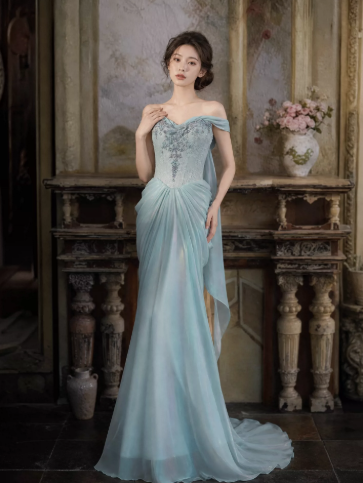Gentle Mermaid Chiffon Corset Prom Gown , Blue Women's Maxi Evening Dress Ball Gown RS2608