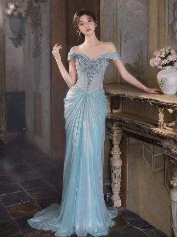 Gentle Mermaid Chiffon Corset Prom Gown , Blue Women's Maxi Evening Dress Ball Gown RS2608