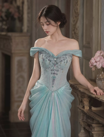 Gentle Mermaid Chiffon Corset Prom Gown , Blue Women's Maxi Evening Dress Ball Gown RS2608