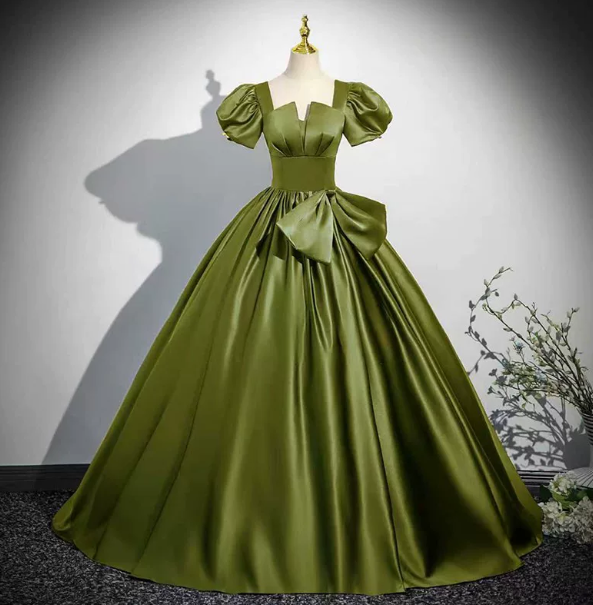 Elegant Bud Green Prom Dress,A-Line Square-neck Puff Sleeves Satin Corset Maxi Evening Dress RS1040