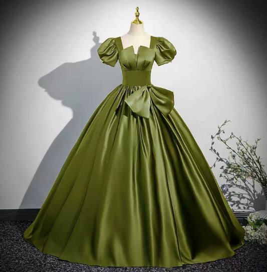Elegant Bud Green Prom Dress,A-Line Square-neck Puff Sleeves Satin Corset Maxi Evening Dress RS1040