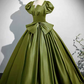 Elegant Bud Green Prom Dress,A-Line Square-neck Puff Sleeves Satin Corset Maxi Evening Dress RS1040