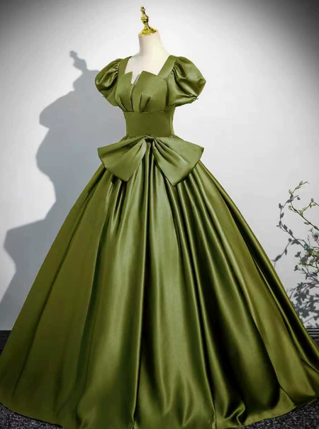 Elegant Bud Green Prom Dress,A-Line Square-neck Puff Sleeves Satin Corset Maxi Evening Dress RS1040