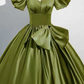 Elegant Bud Green Prom Dress,A-Line Square-neck Puff Sleeves Satin Corset Maxi Evening Dress RS1040