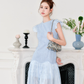 Light blue Princess sweet high waist flying sleeve long dress with Chanel style R4072