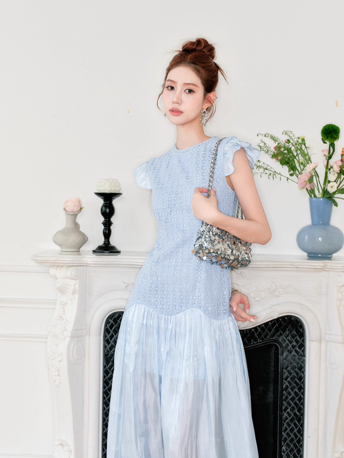 Light blue Princess sweet high waist flying sleeve long dress with Chanel style R4072