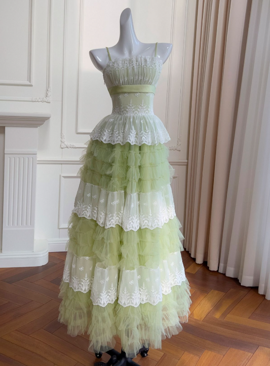 Fresh Soft Green Prom Dress,A-Line Spaghetti Straps Pleated Corset Maxi Party Dress Cami Dress RS1041