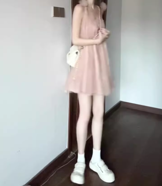 Gentle temperament pink mesh sling dress beautiful loose A-line short skirt R0723