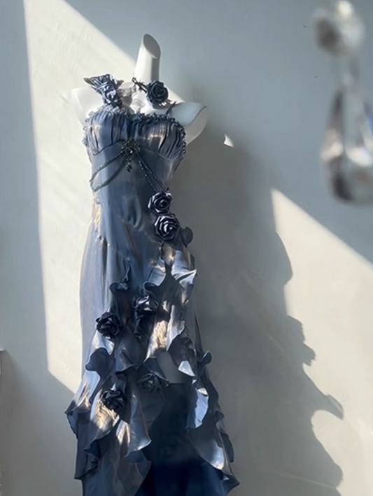 Elegant Navy Prom Dress,Mermaid Asymmetrical One-shoulder Pleated Corset Maxi Evening Dress Cami Dress RS1042