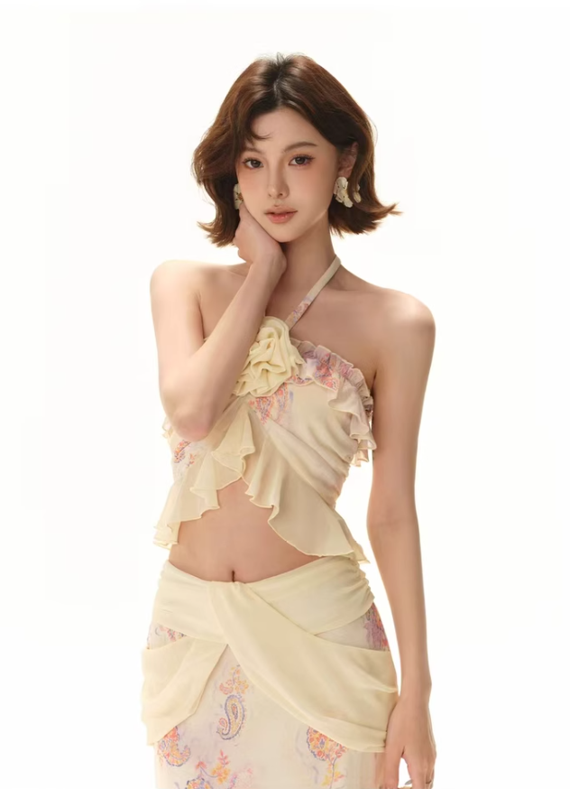 Pure desire ruffled flower halter neck top 2025 hip holiday maxi dress suit R1339