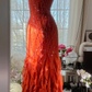 Bright Orange Beaded Prom Dress,Mermaid Spaghetti Straps Pleated Corset Maxi Party Dress Cami Dress RS1044