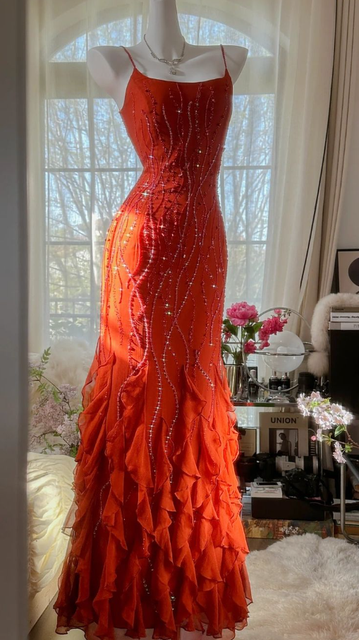 Bright Orange Beaded Prom Dress,Mermaid Spaghetti Straps Pleated Corset Maxi Party Dress Cami Dress RS1044
