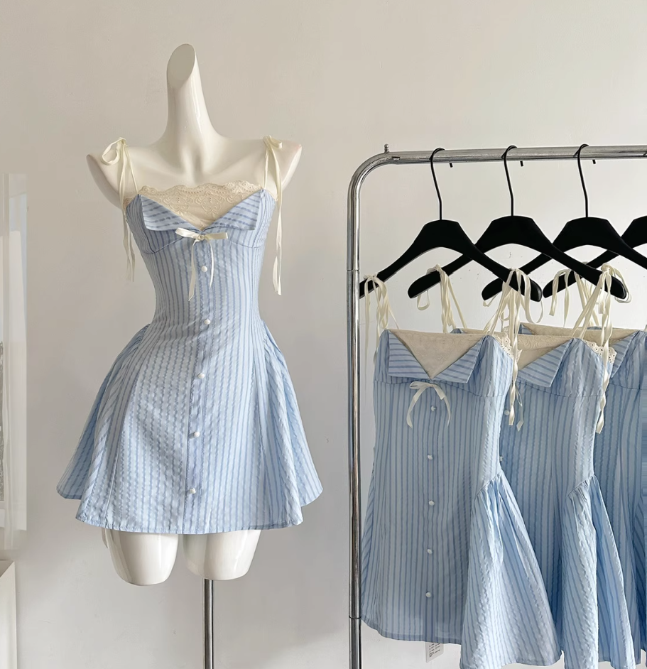 Blue Wind Chime Original Design Striped Splicing Dress R2036
