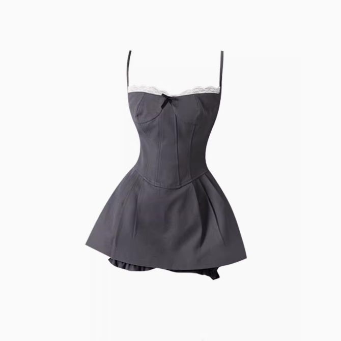 Sweet and spicy lace suspender dress 2025 pure desire style waist a-line short skirt R1178