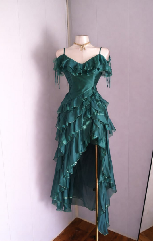 Charming Green Ruffled Prom Dress,A-Line Spaghetti Straps Hi-Lo Corset Maxi Party Dress Cami Dress RS1045