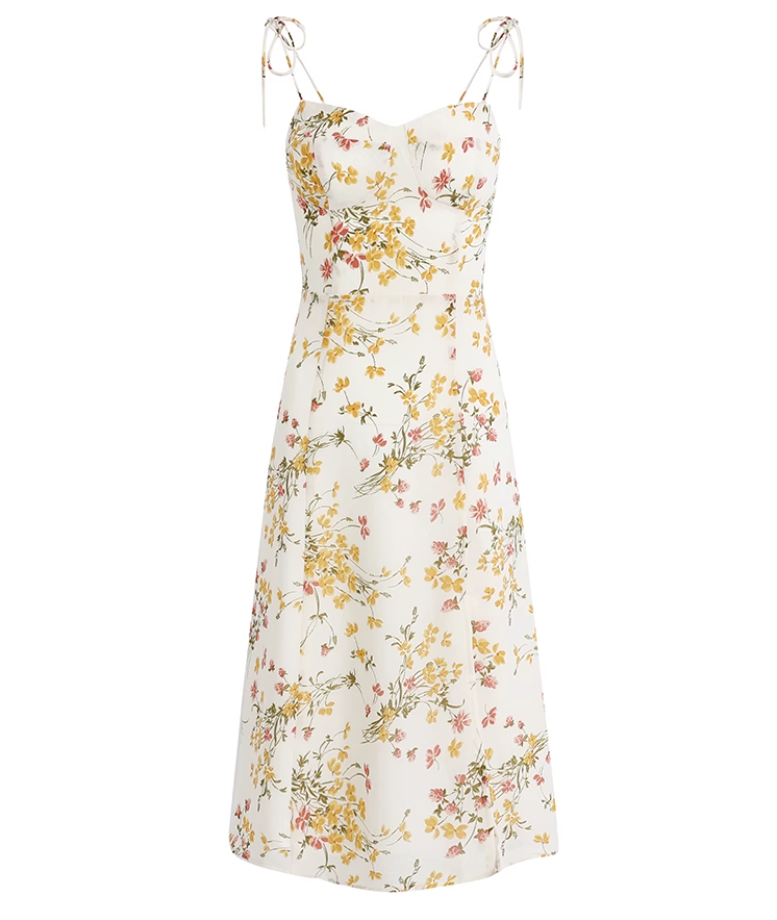 French long beige 2025 new style dress with side slits and floral suspenders R2641