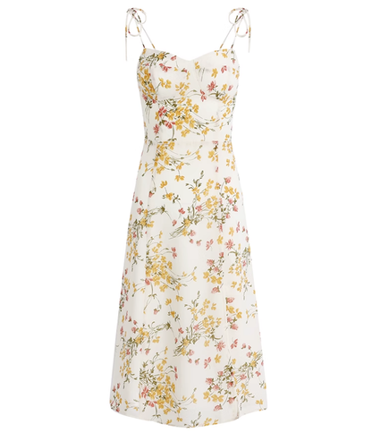 French long beige 2025 new style dress with side slits and floral suspenders R2641