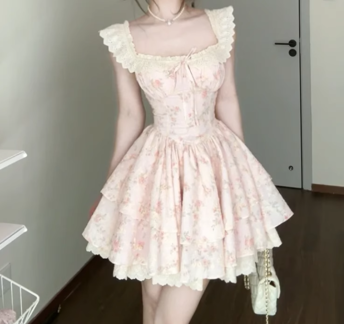 Gentle style pink floral dress beautiful waist A-line tutu skirt R0736