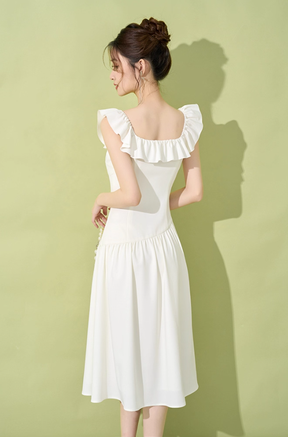 Niche design dress for women in summer French temperament waist high-end mid-length white skirt R4254
