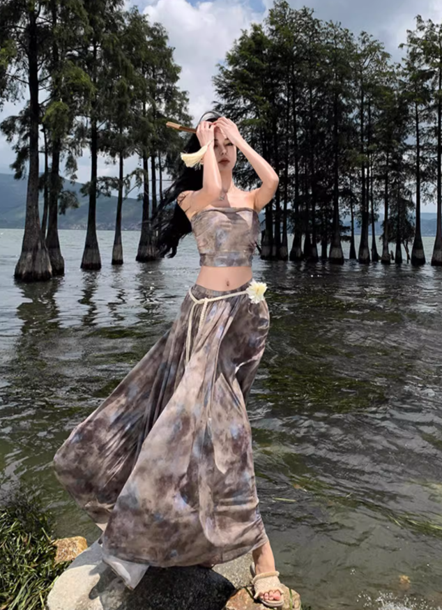 Travel wear tie-dye skirt a-line skirt temperament tube top suit women's two-piece suit R1571