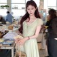 Green long v-neck short-sleeved dress women's summer loose slim temperament skirt R4832