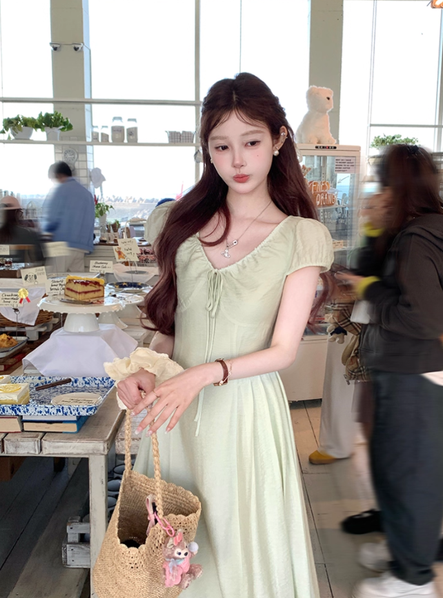 Green long v-neck short-sleeved dress women's summer loose slim temperament skirt R4832