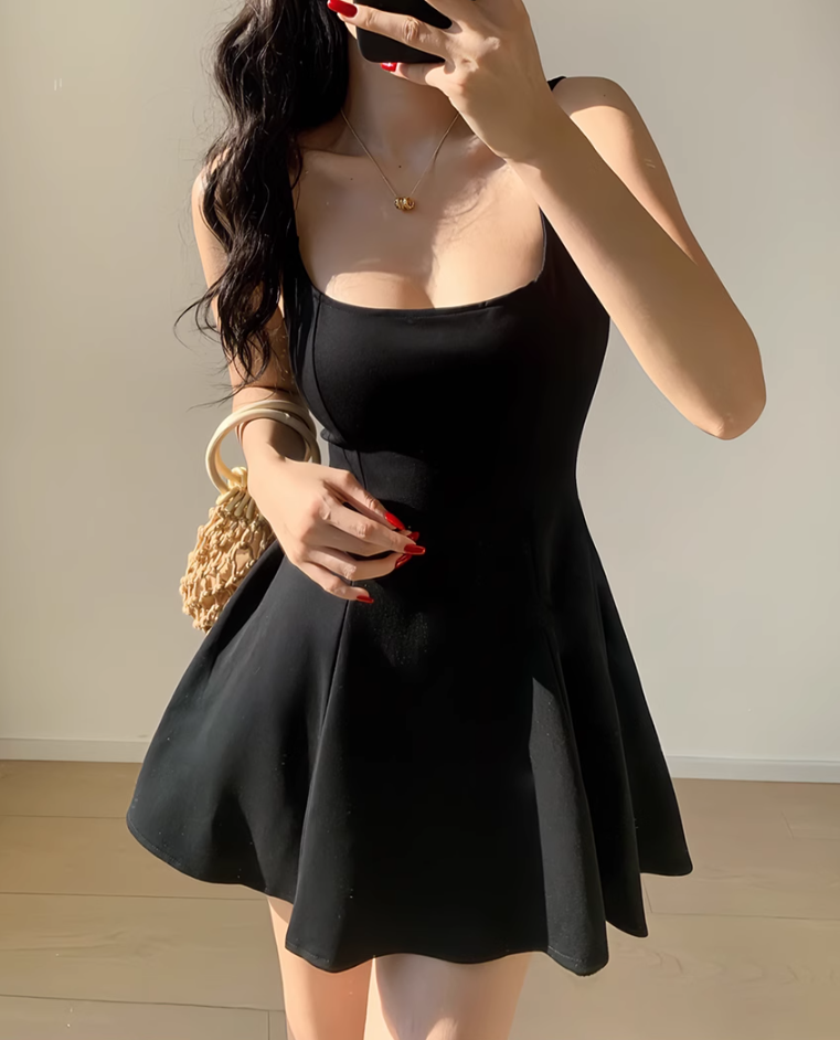 French retro square neck waist elastic slim fit suspender skirt short skirt R2812