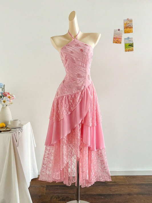 Charming Pink Prom Dress,A-Line Halter Chiffon Corset Maxi Party Dress RS1047