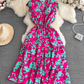 High-end, light luxury temperament flying sleeves V-neck waist slimming A-line ruffled printed dress R0353