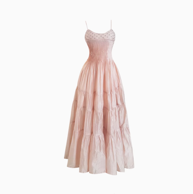 French pleated suspender dress 2025 pure desire style waist a-line fairy long dress R1325