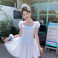 White waist square neck puff sleeves A-line dress women's French retro skirt R4949