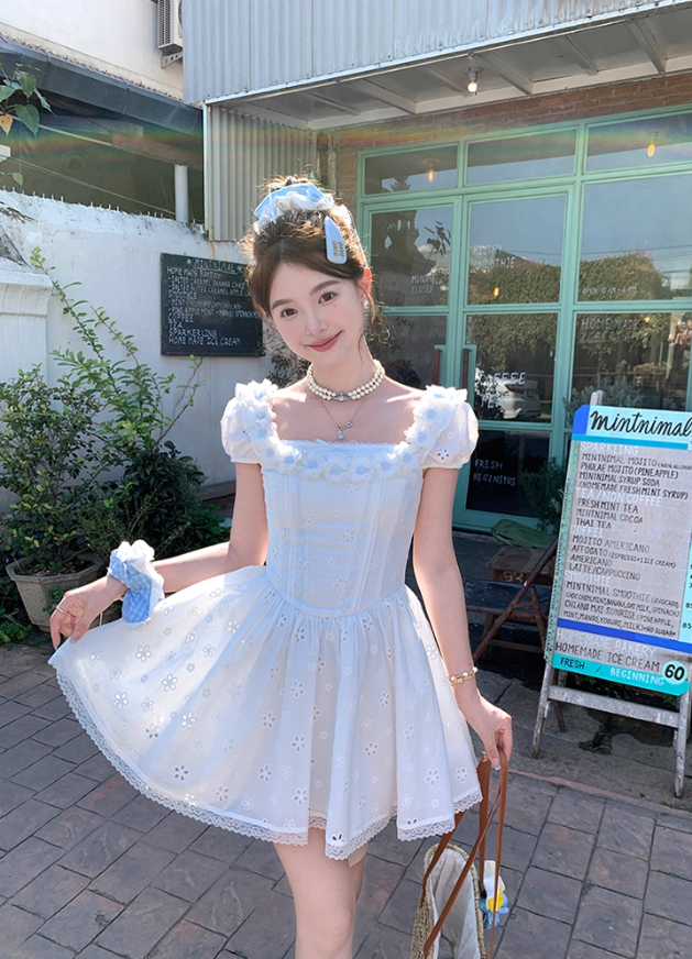 White waist square neck puff sleeves A-line dress women's French retro skirt R4949