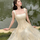 Apricot gentle sling waist slimming A-line long skirt homecoming dress R3623
