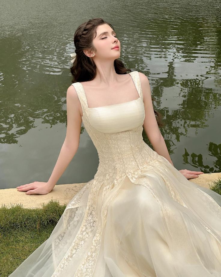 Apricot gentle sling waist slimming A-line long skirt homecoming dress R3623