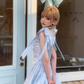 Blue embossed rose flower pleated waist bow dress R5249
